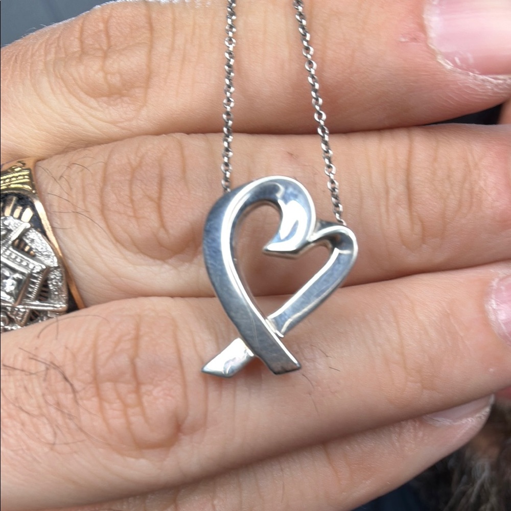Tiffany & Co. Silver Open Heart Ribbon Pendant Necklace